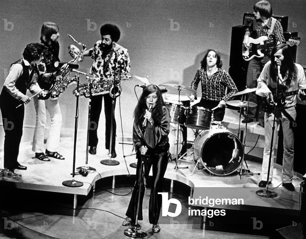 Singer Janis Joplin With Big Brother and the Holding Company (Studio Brass Section) C. 1967 (b/w photo)