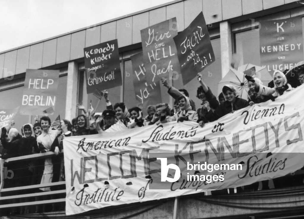 Germans Welcoming American President John Fitzgerald Kennedy at Schwechater Airport June 3, 1961 (b/w photo)
