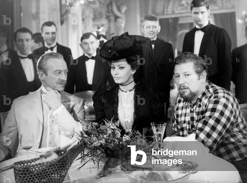 David Niven, Sophia Loren and Peter Ustinov on Set of Film Lady L. 1965 (b/w photo)