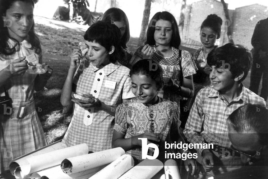 The Princess Farahnaz, The Prince Reza Cyrus Receive at Teheran Students of The College Sainte Anne De Valence, June 1972 (b/w photo)