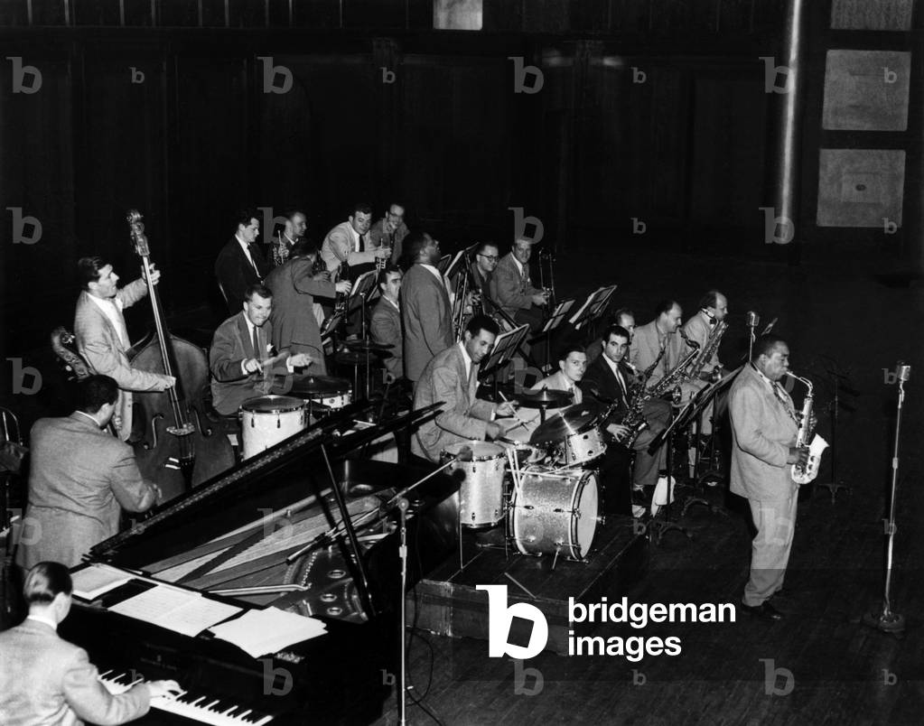Charlie Mingus (Bass, Back), Charlie Parker (Saxophone, on R), Max Roach (Drum) Dizzie Gillepsie (Trumpet, Back Near Last Row) during A Concert in Massy Hall in Toronto on May 15, 1953 Bobby Rich (b/w photo)