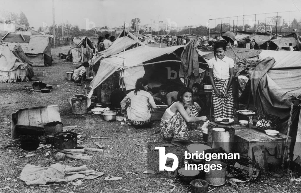 Cambodian Refugees Camp on The Periphery of The Capital Phnom Penh in April 1975 After Capture of The Town By Red Khmers (b/w photo)