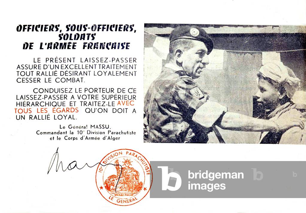 A Pass Signed By General Massu during Algeria War C. 1961 (photo)