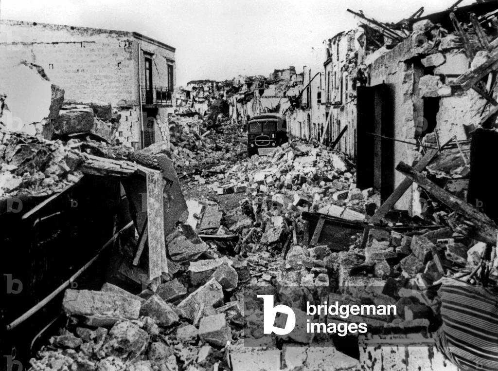 Street in Ruins After Earthquake in Gibellina (Sicily) in January 1968 (b/w photo)