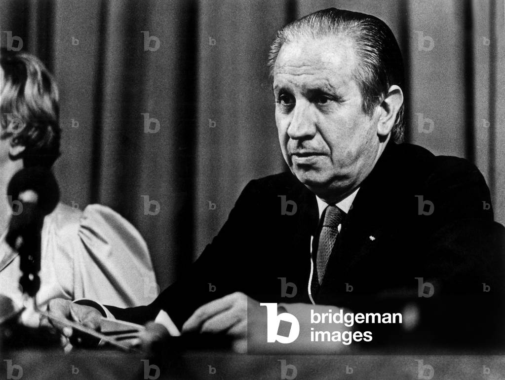 Juan Antonio Samaranch, President of International Olympic Committee in 1980-2001, here in Moscow during A Press Conference on July 23, 1980 (b/w photo)