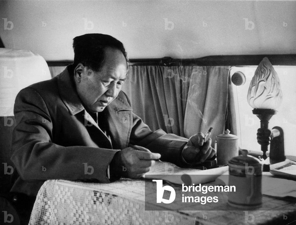 Mao Zedong (1893-1976) Chinese Communist Dictator, here Smoking in A Train C. 1967 (b/w photo)