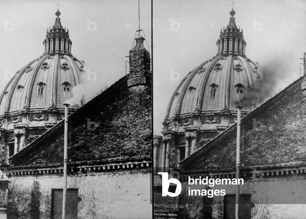 during The Election of The Pope, The Black Smoke Means That Noboby Was Elected and the White Smoke Means That The Pope Was Elected, Vatican, October 20, 1958 (b/w photo)