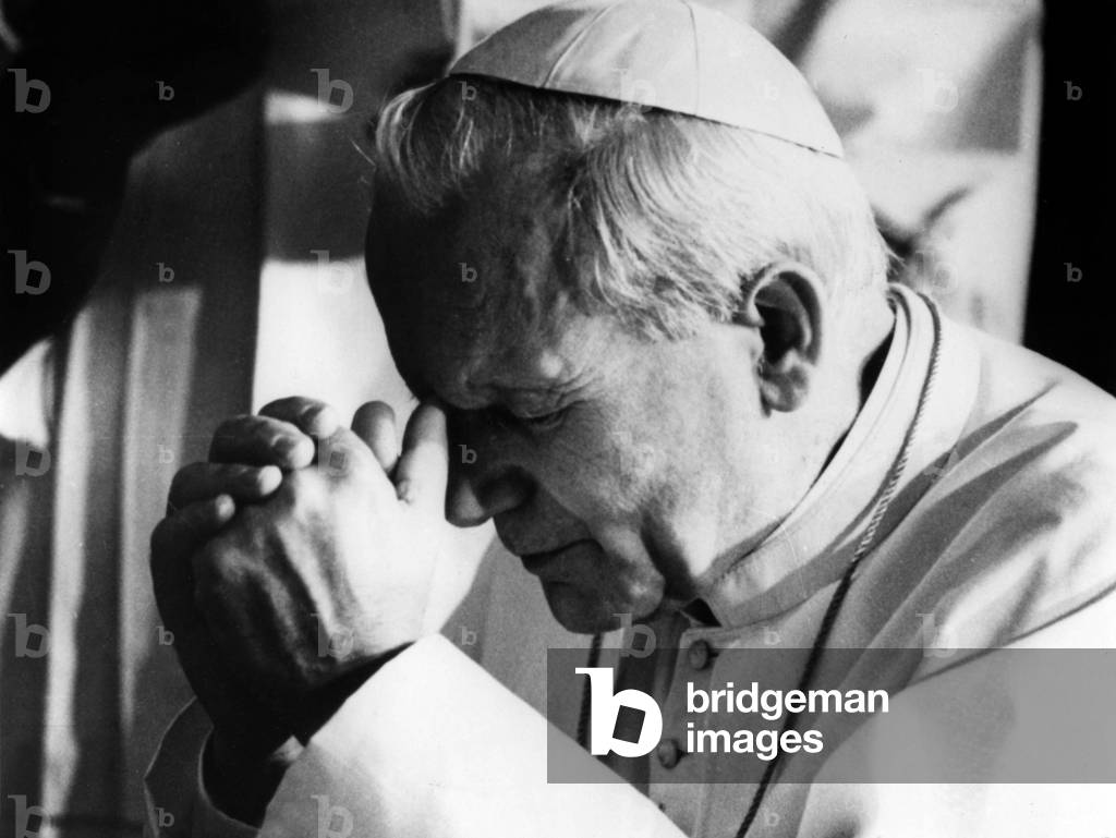 Pope John Paul Ii (Karol Wojtyla) Praying in 1979  (b/w photo)