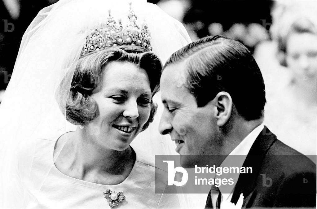 Wedding of princess Beatrix of the Netherlands and prince Claus Georg von Amsberg  march 10, 1966 at Westenberg Cathedral (b/w photo)