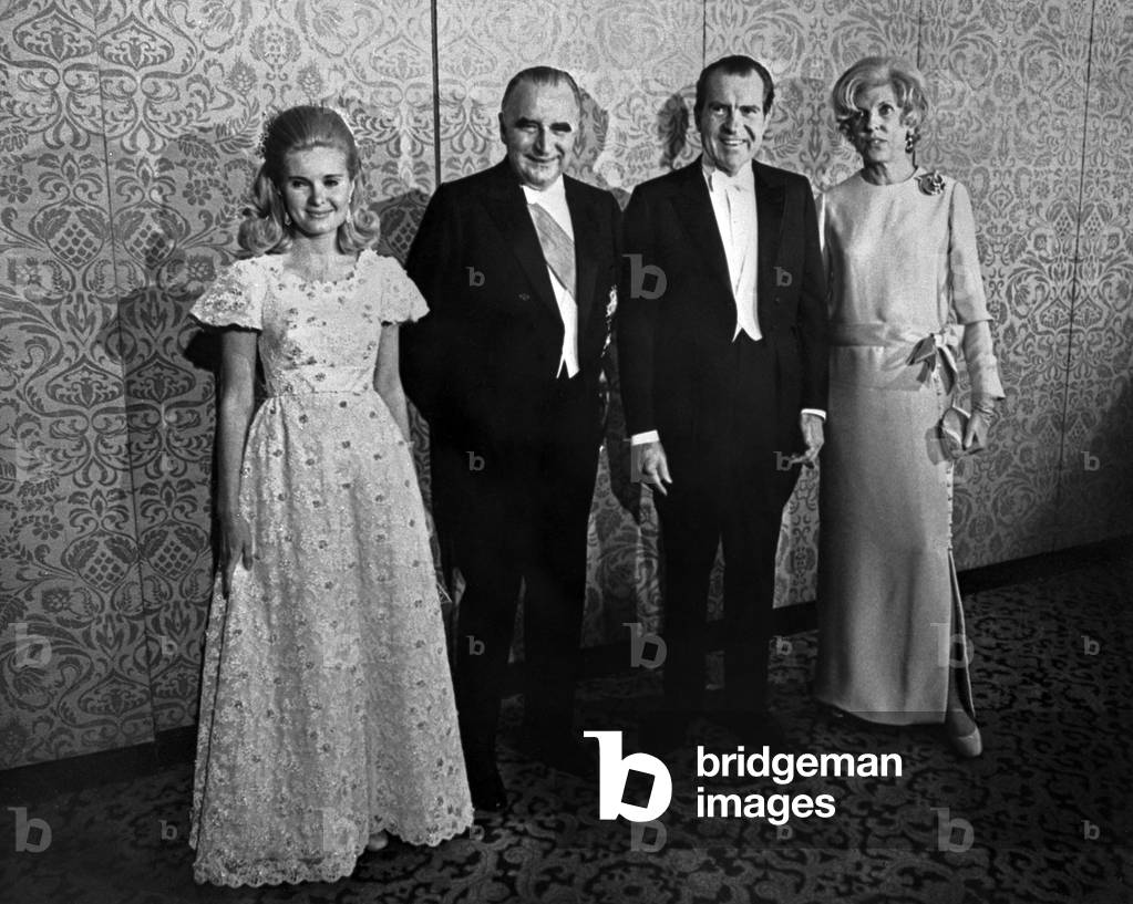 Georges Pompidou, French President, and Richard Nixon, American President, With his Daughter Tricia and Wife at Waldorf-Astoria Hotel in New York March 7, 1970 (b/w photo)