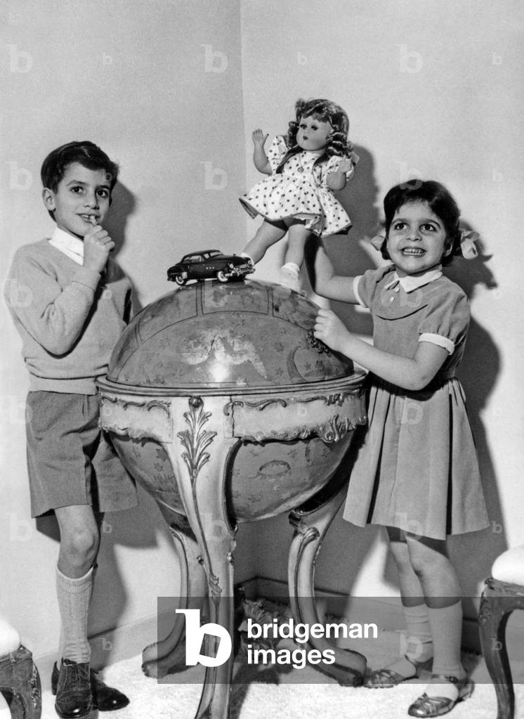 Christina and Alexandre Onassis, Children of Aristoteonassis on Yacht Christina in 1956 (b/w photo)