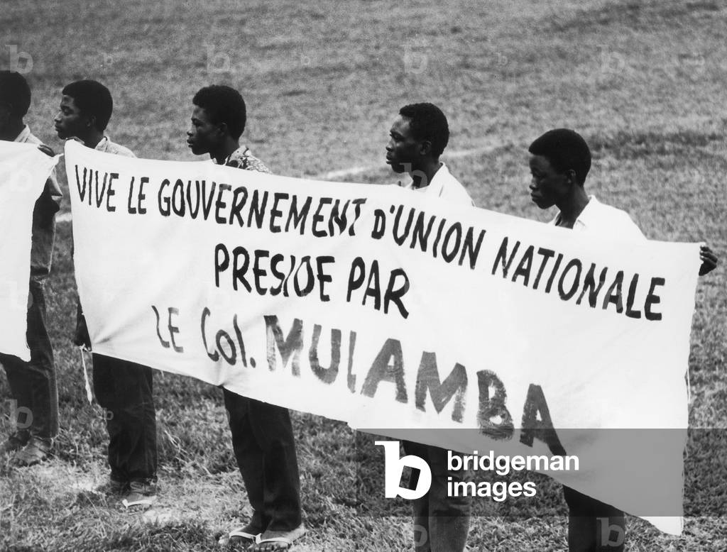 Demonstration Support To Colonel Mucamba Who Presides The Government of National Union Au Zaire (Democratic Republic of Congo) Support Demonstration Banner National Union Government (b/w photo)