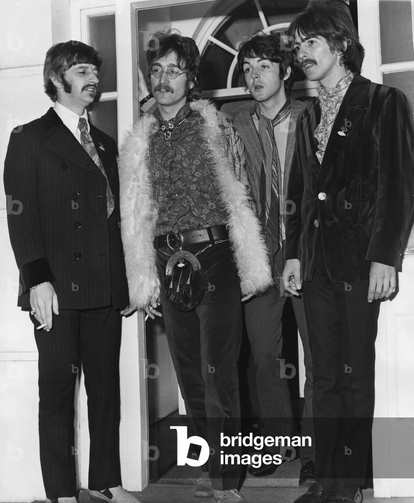 Ringo Starr, John Lennon, Paul McCartney and George Harrison at a Press Conference, 1967 (b/w photo)