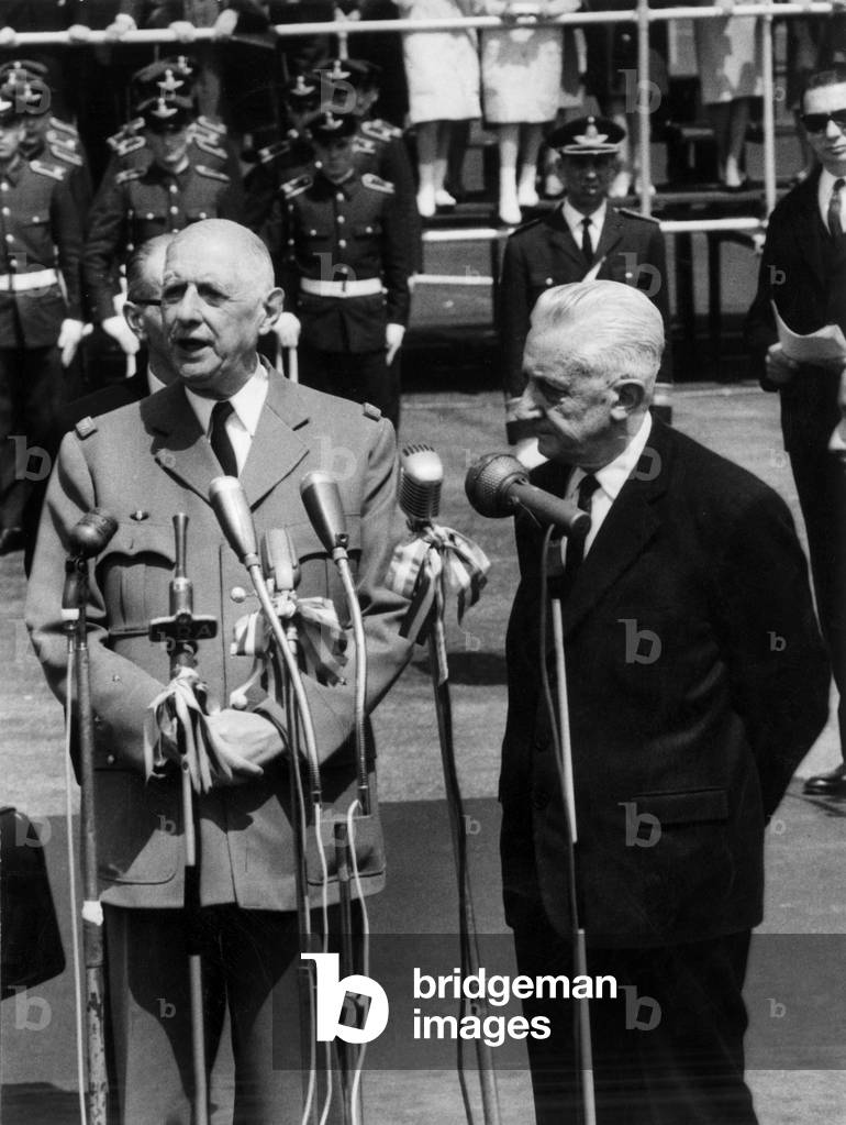 French President Charles De Gaulle Making Speech at Buenos Aires Airport in Argentina, October 1964 (b/w photo)