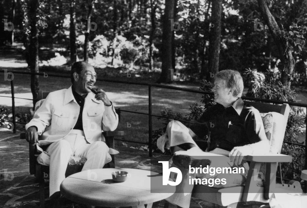 Meeting of Egyptian President Anouar El Sadate and American President Jimmy Carter in Camp David September 1978 About Peace Treaty in Near East (b/w photo)
