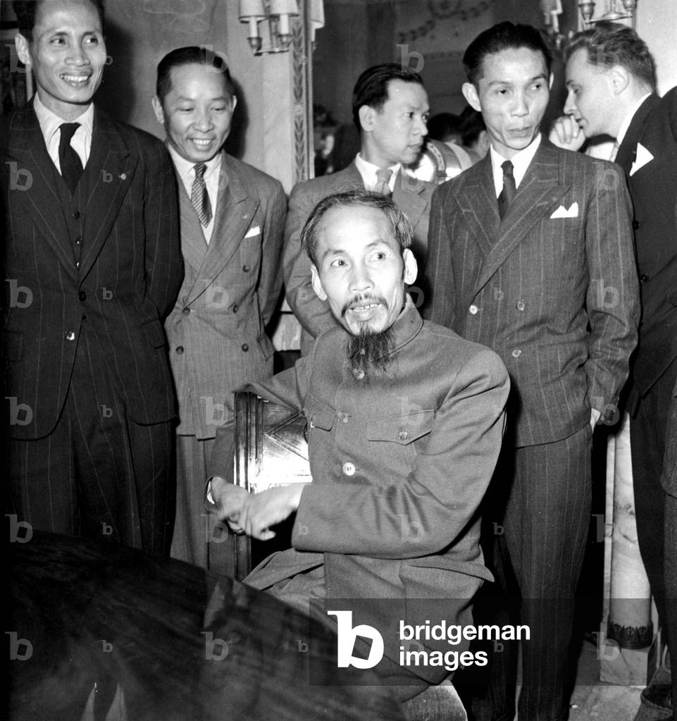 Ho Chi Minh (1890-1969) President of Indochinese Revolutionary Government With Pham Vong Dand on June 22, 1946 in Paris (b/w photo)