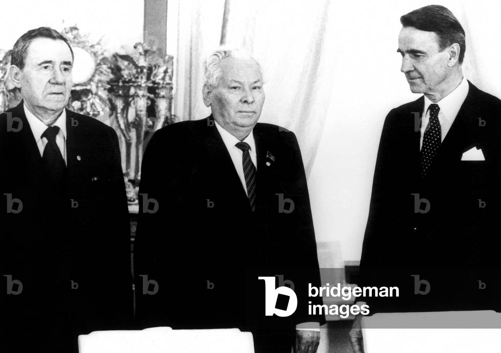 Contantin Tchernenko President of The Presidium of The Suprem Soviet and Soviet Minister of Foreign Affairs Andrei Gromyko Meeting Finnish President Mauno Koivisto April 27, 1984 (b/w photo)