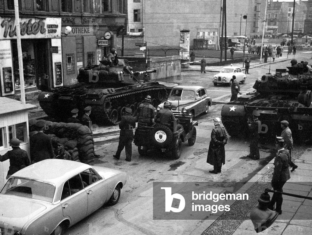 Some of The American Tanks Deployed at Key Points Along The East - West Border in Berlin in Reply To The Mounting There of Soviet Tanks October 28, 1961 (b/w photo)