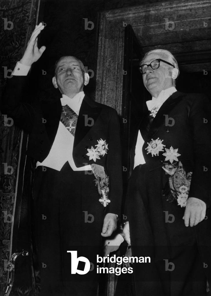 President Rene Coty and President Gronchi at a lavish reception at the Quirinal in Rome. May 10, 1957 (b/w photo)