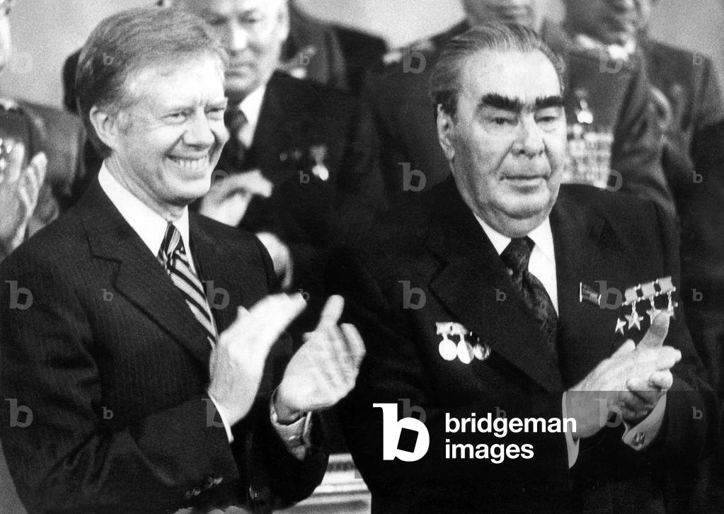 Jimmy Carter, American President, and Leonid Brejnev, Head of Soviet State, here Applauding After Signature of Salt Ii Agreement in Vienna on June 18, 1979 (b/w photo)