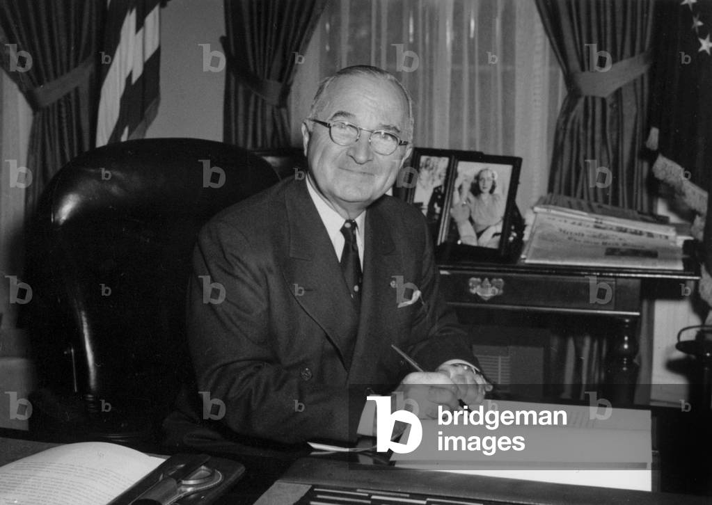 Harry Truman (1884 - 1972) American President, here Signing The Ratification of Peace Treaty With Japan on April 16, 1952 (b/w photo)