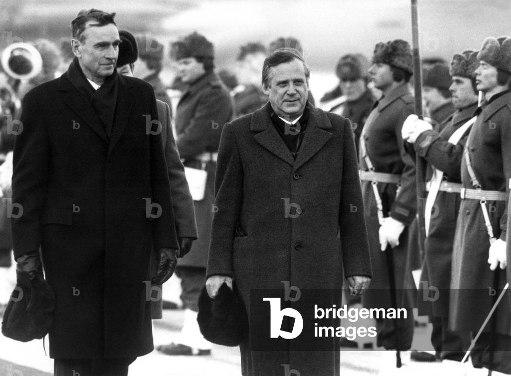Soviet Prime Minister Nikolai Ryzhkov during his Visit in Finland With President Mauno Koivisto January 6, 1987 (b/w photo)