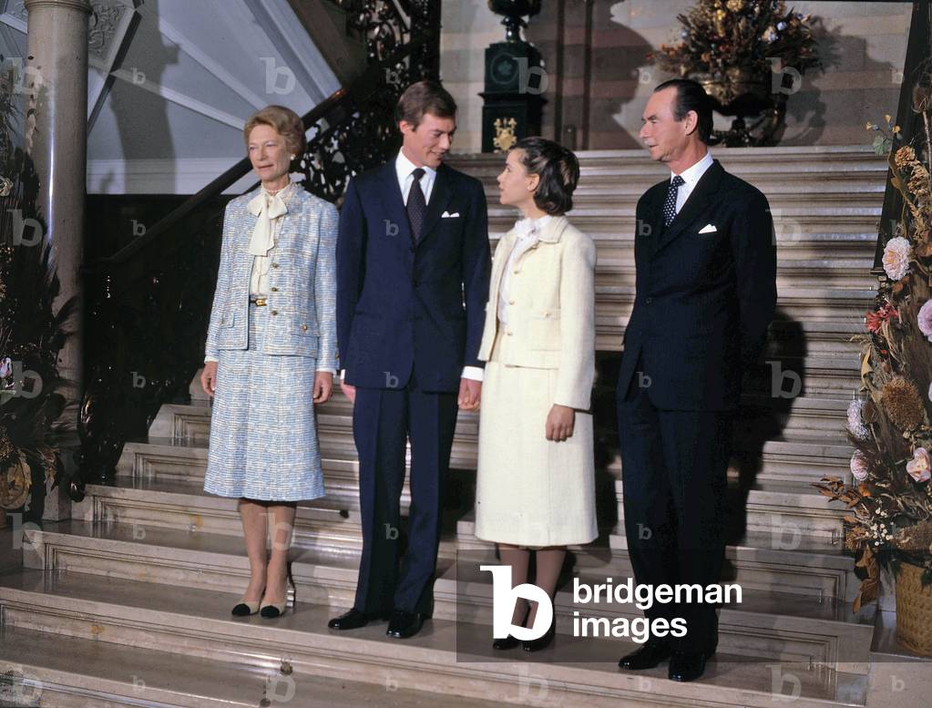 Grand Duchess Josephine-Charlotte of Luxembourg (l) and her husband Grand Duke Jean of Luxembourg (r) with their son  prince Henri (future Grand Duke) and his fiancee Maria Teresa Mestre y Batista, November 1980 (photo)