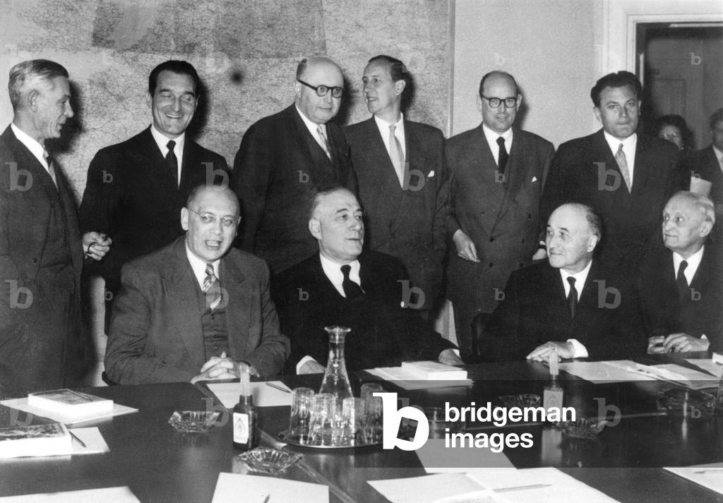 Rene Mayer succeeding Jean Monnet at ECSC presidency (European Coal and Steel Community) here in Luxembourg during Monnet's farewell meeting june 11, 1955  (b/w photo)