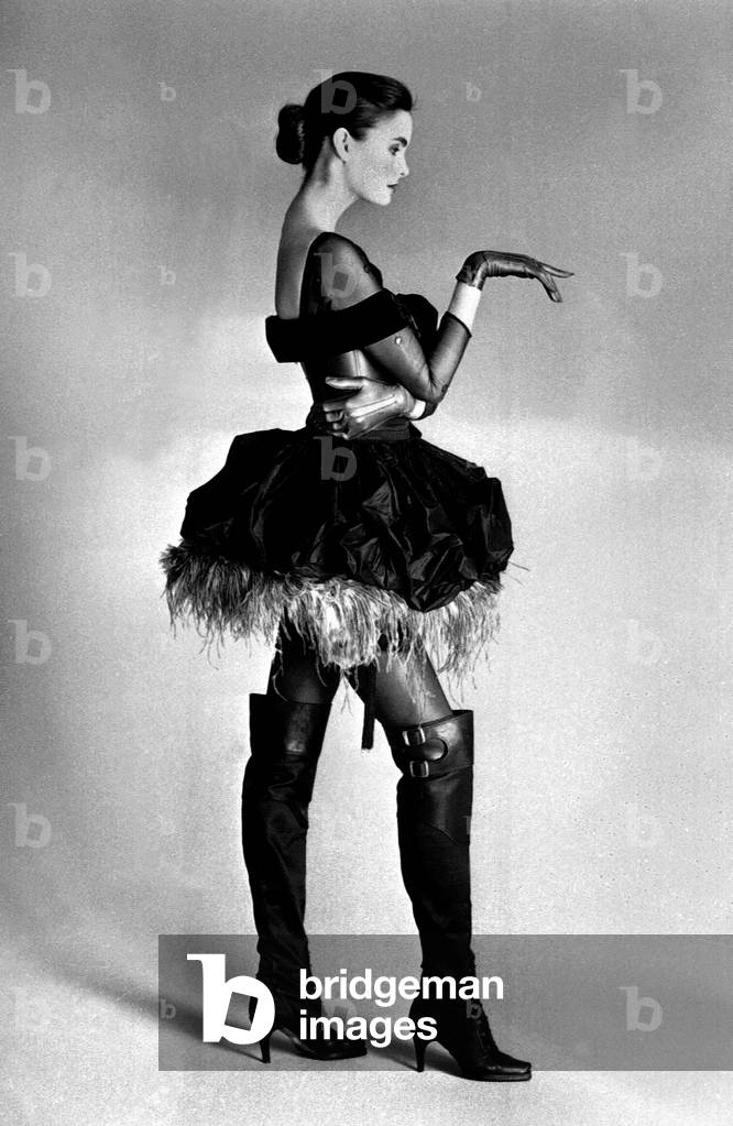 Fashion By Jean Paul Gaultier, Winter 1987-1988 Presented on May 4, 1987 : Dress and Thighboots (b/w photo)