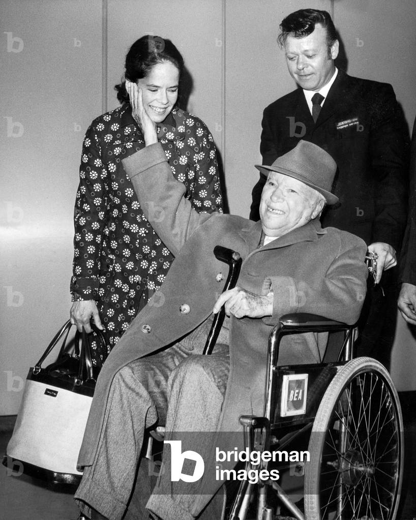 Charlie Chaplin With his 4Th Wife Oona May 21, 1973 (b/w photo)