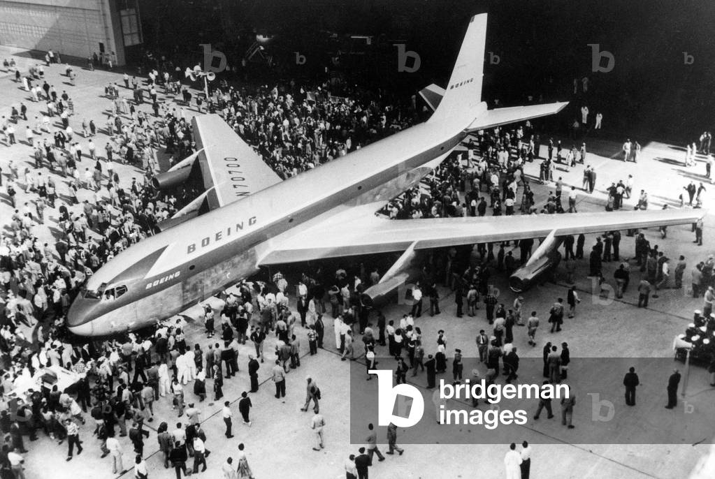 Thousands of Boeing Company Employees Surrounding The First American Jet Plane Boeing 707 Stratotanker, 1957 (b/w photo)