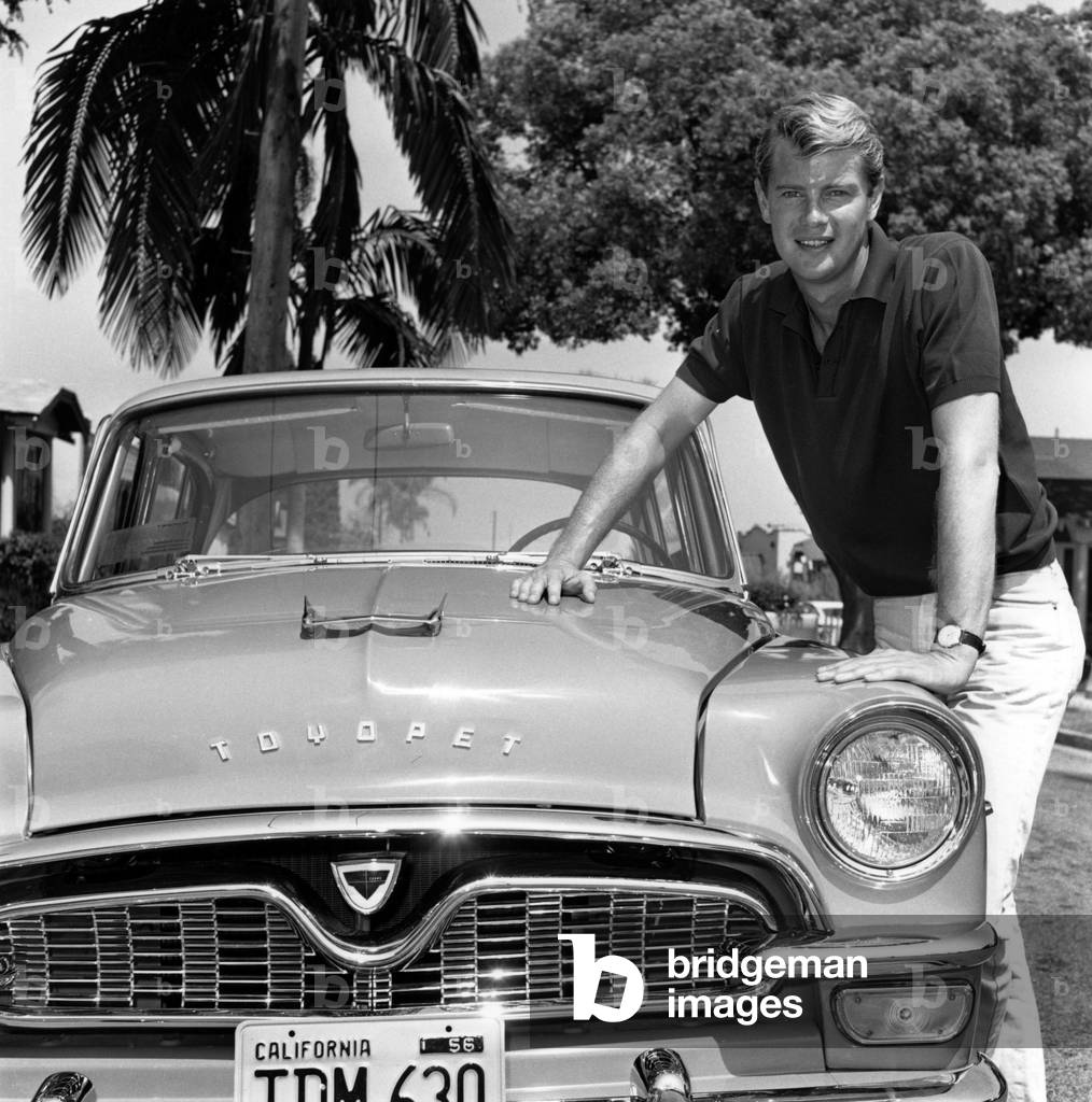 American Actor Troy Donahue With His Car A Toyopet In California 1956 (b/w photo)