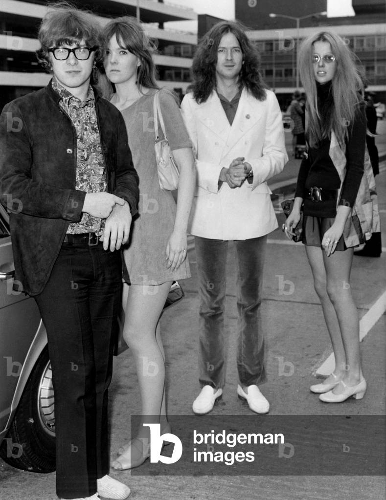 Peter Asher with girlfriend, and Eric Clapton girlfriend, model Charlotte Martin (R), June 19, 1968 (b/w photo)