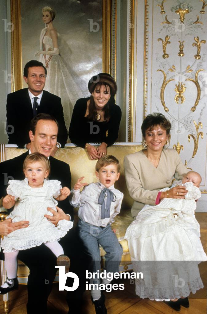Princess Caroline and Husband Stefano With Prince Albert (Future Albert Ii) and Laura Casiraghi at Christening of Prince Pierre of Monaco December 28, 1987 . on Albert'S Kneel : Princess Charlotte and Near her Prince Andrea  (photo)