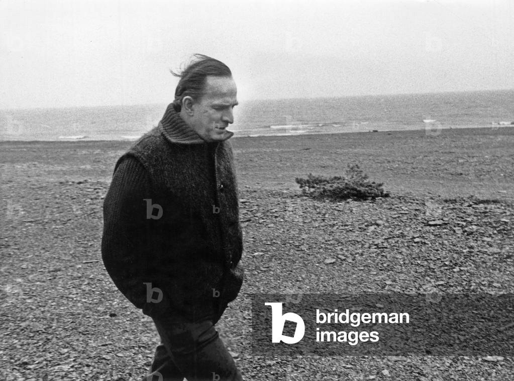 Swedish Director Ingmar Bergman (1918-2007) on A Beach on Faro Island, December 1971 (b/w photo)