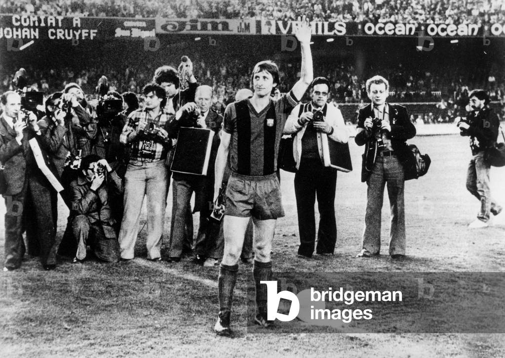 Footballer Johann Cruyff Taking his Leave Ofbarcelona Football Team during Game Betweenbarcelona Team and Amsterdam Team June 1St 1978 (b/w photo)