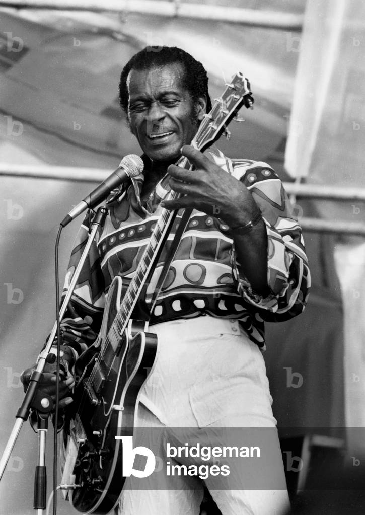 Chuck Berry on Stage, South Finland, July 22, 1990 (b/w photo)