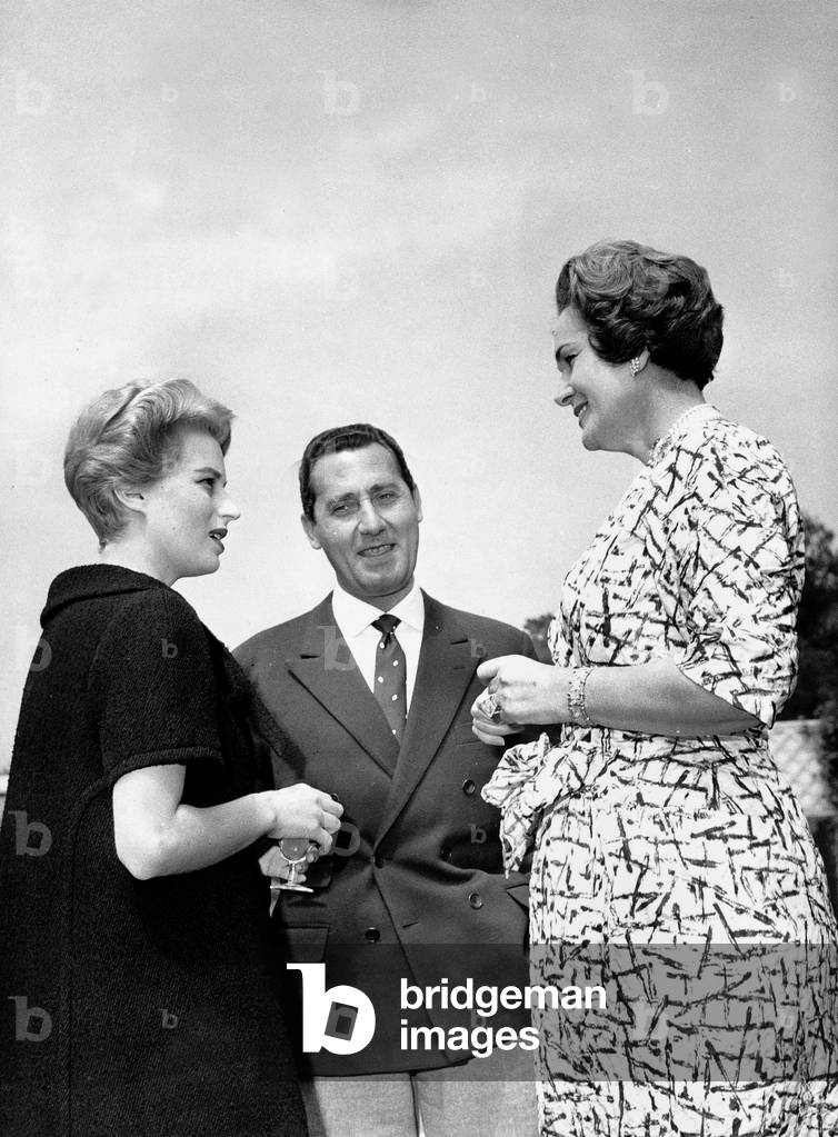 Actors Silvana Mangano and Alberto Sordi With The Begum (Fourth and Last Wife of Aga Khan Iii) at Party during Cannes Film Festival May 06, 1960 (b/w photo)
