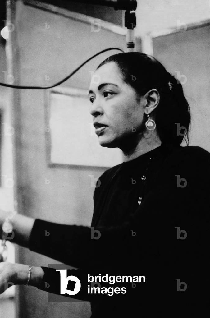 Jazz and Blues Singer Billie Holiday (1915-1959) during Recording Session in 1957 (b/w photo)