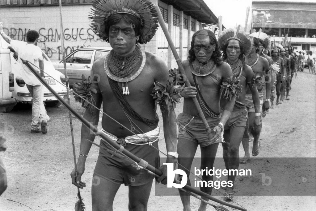 Fight of Indians For Protection of Virgin Forest in Brazil in Altamira Area, February 1989 (b/w photo)