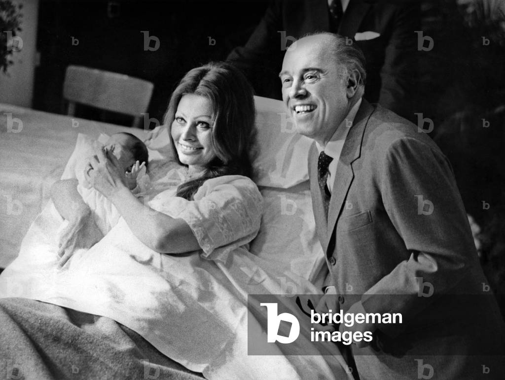 Sophia Loren After The Birth of her Son Carlo Jr in Geneva here With Husband Carlo Ponti January 5, 1969 (b/w photo)