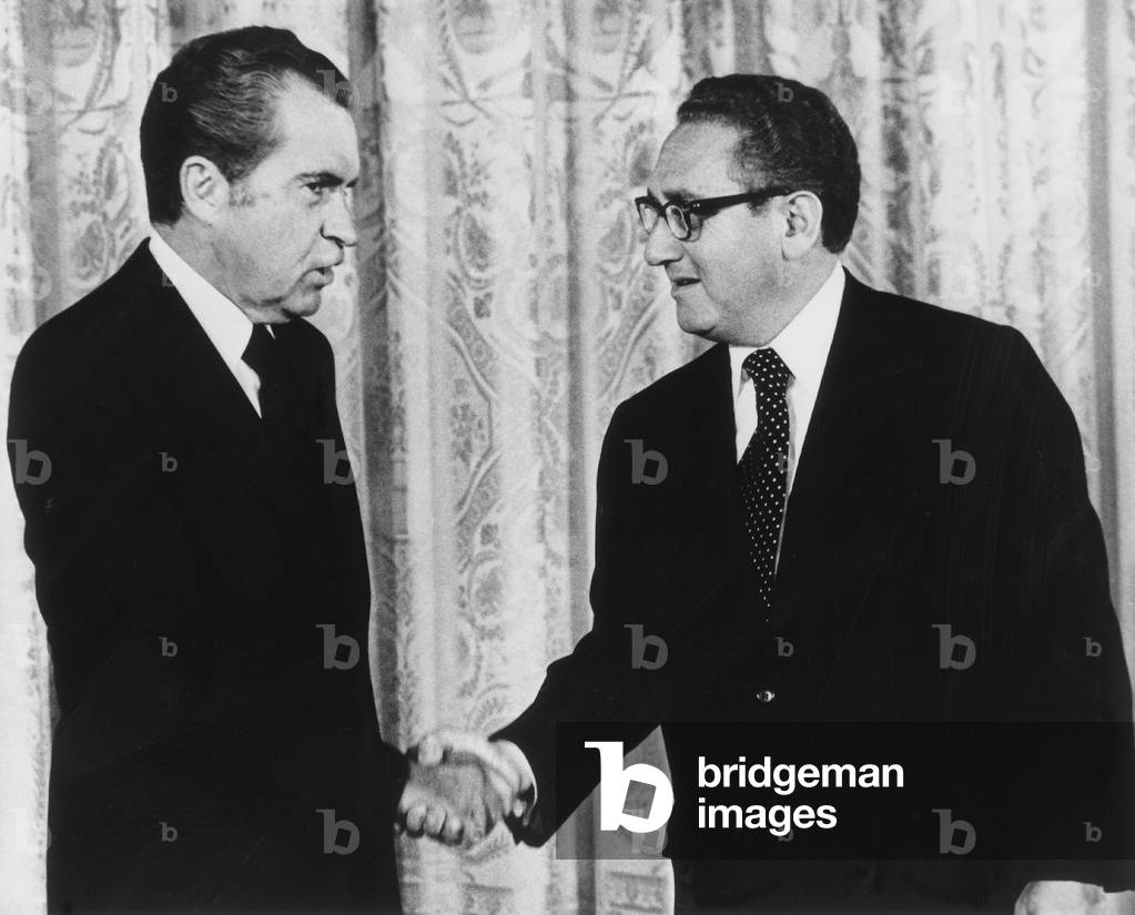 American President Richard Nixon Shaking Hands With New Secretary of State Henri Kissinger September 22, 1973 (Shortly After Appointment) at The Time of The Watergate Affair (b/w photo)
