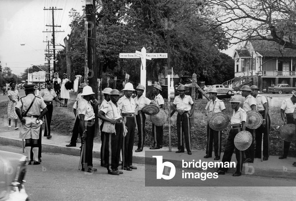 Policemen in Kingston, Jamaica, After Arrest of Rastafarians and Discover of Bombs, June 24, 1960 (b/w photo)
