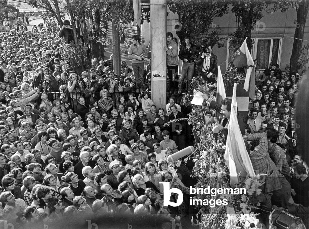 Lech Walesa, Polish Trade Unionist, here during A Speech in Gdansk (Lenin Shipyards) August 30, 1980 (b/w photo)