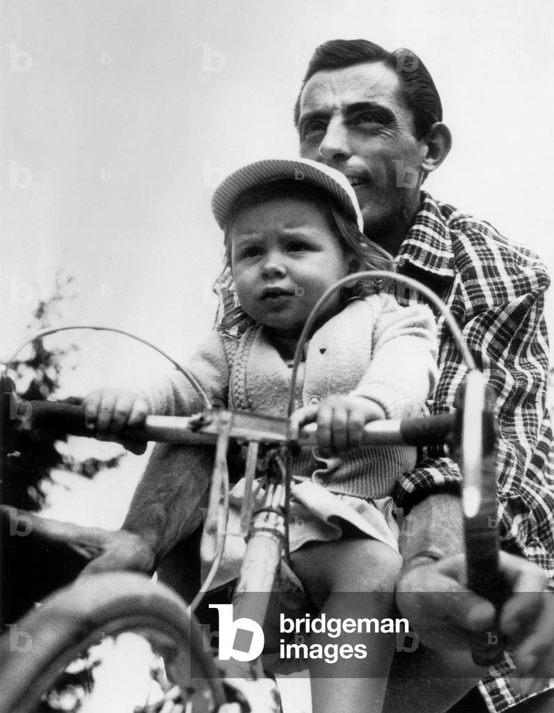 Fausto Coppi With Daughter Marina Riding Bike 1949 (b/w photo)