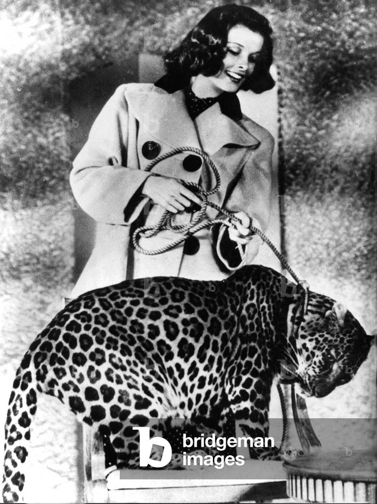 L'Impossible Monsieur Bebe Bringing Up Baby De Howardhawks Avec Katharine Hepburn 1938 Tenant En Laisse Un Leopard (b/w photo)