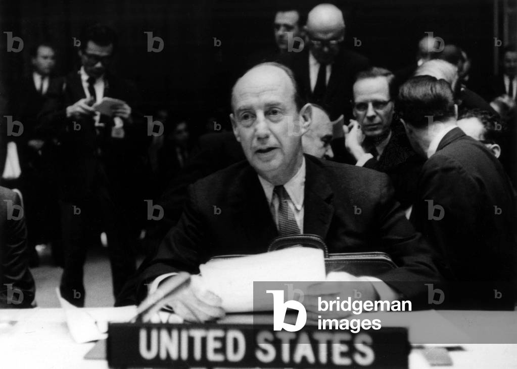 Adlai Stevenson, American Representative To The United Nations, here at The Security Council during The Cuban Missile Crisis, 24th October 1962 (b/w photo)