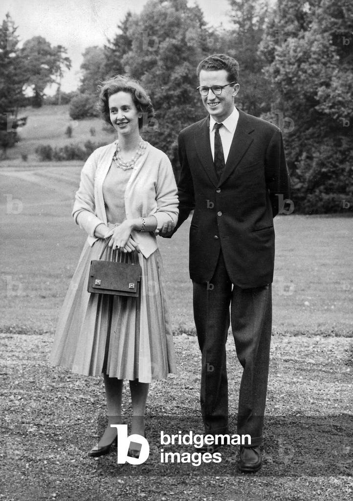King Baudouin 1st of Belgium and Fabiola in park of castle of Ciergnon on September 16, 1960 (announcement of their engagement)