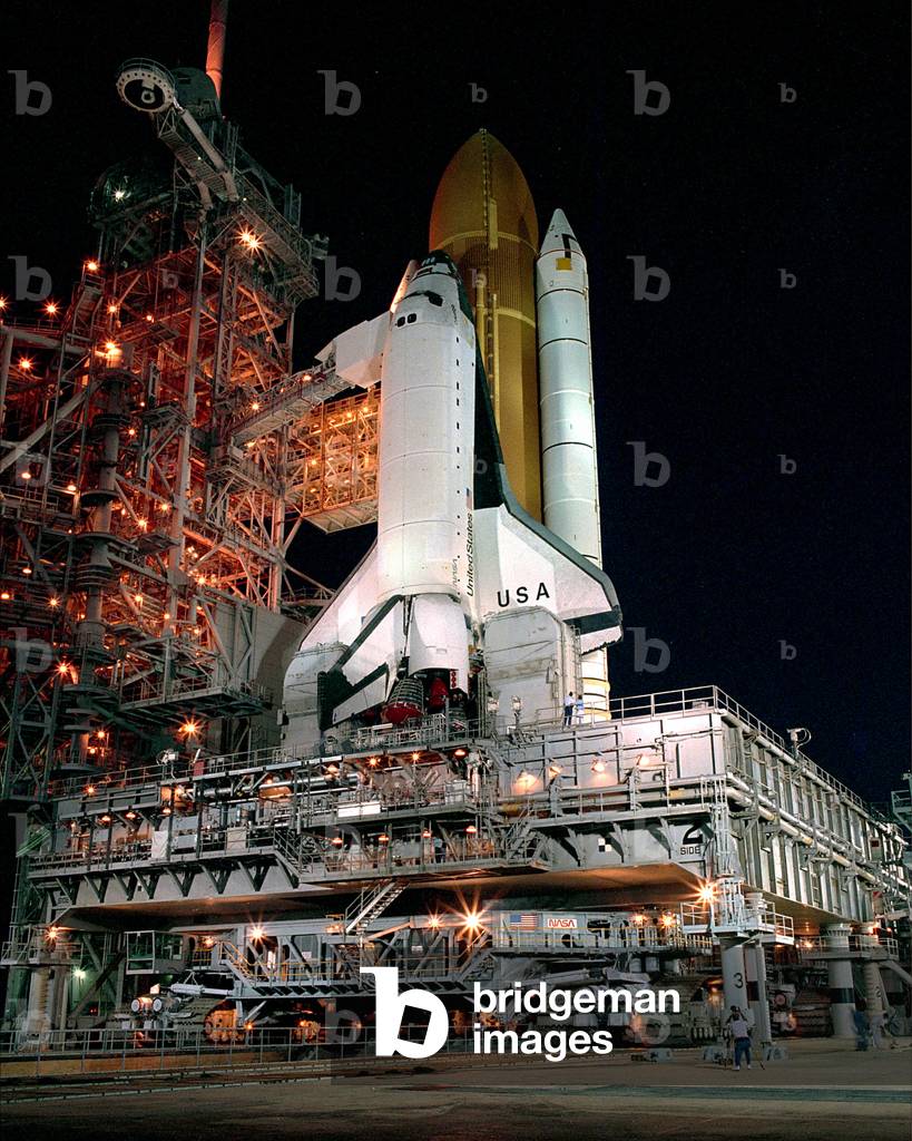 The Space Shuttle Columbia arrives at Pad 39B early in the morning after being rolled out of the Vehicle Assembly Building the night before. Columbia is scheduled for Launch on Space Shuttle Mission STS-28 in late July on a Department of Defense dedicated mission. 15/07/89