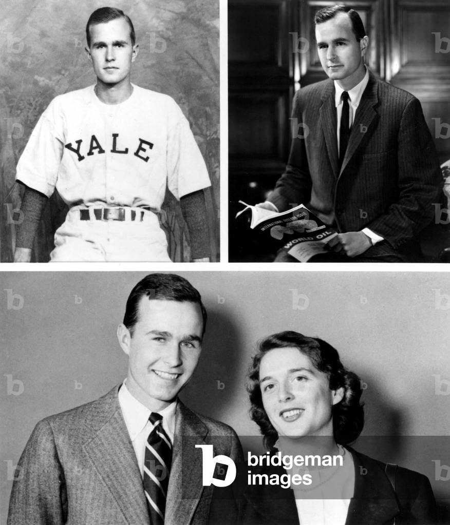 George Walker Bush as captain of Yale 's baseball team as President of Zapata Off-Shore oil company and with wife Barbara in 1945